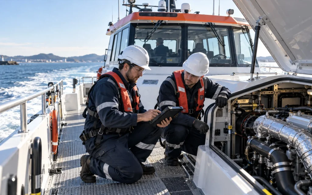 Teknik ekip seyir halindeki gemide makine ekipmanını kontrol ediyor